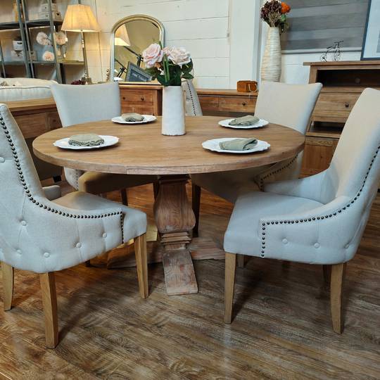 Reclaimed Elm Round Dining Table 1.4m + 4 Charleston Dining Chair Natural Linen